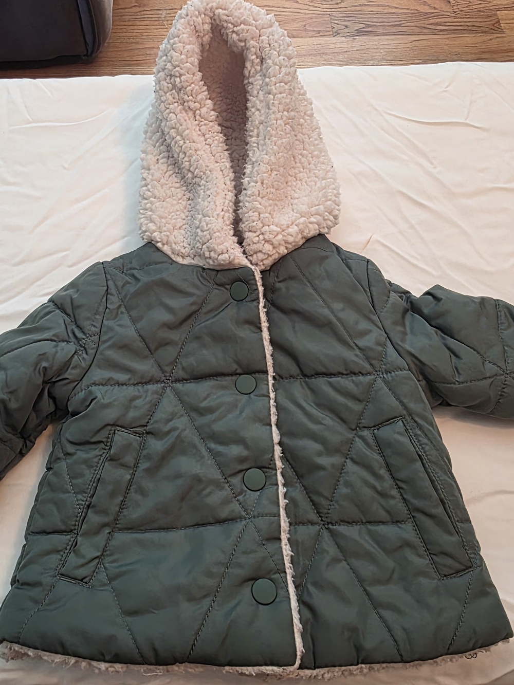 Primark Olive Green Quilted Hooded Puffer with Cream Sherpa Lining
